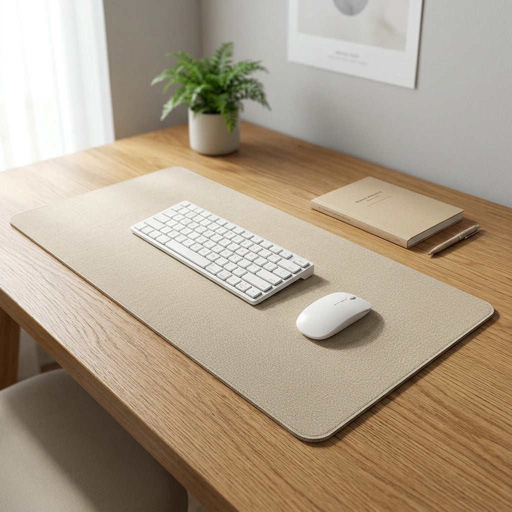 Base de lino beige en uso con teclado y ratón