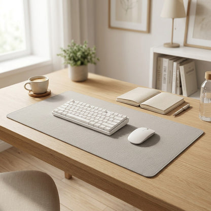 Base de lino gris claro en uso con teclado y ratón