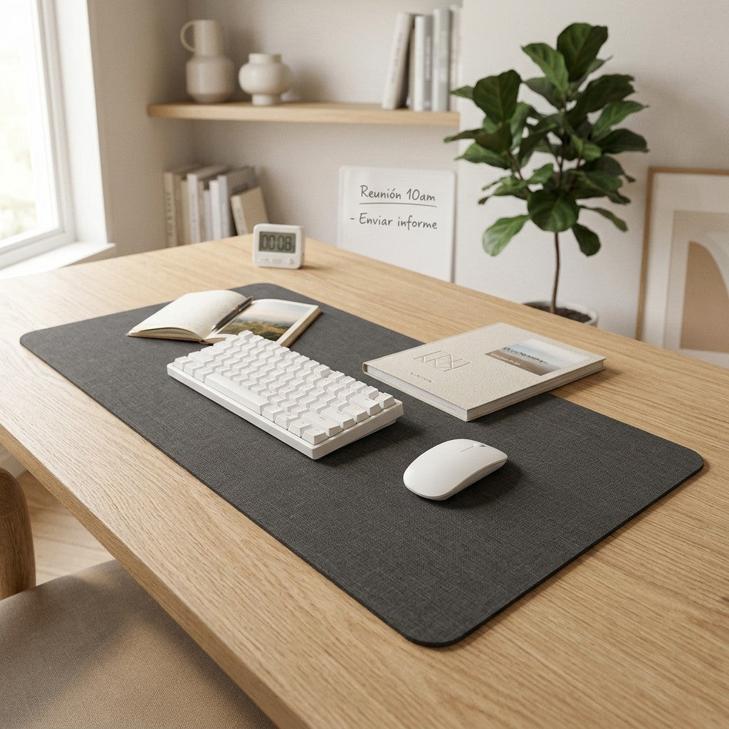 Base de lino gris oscuro en uso con teclado y ratón