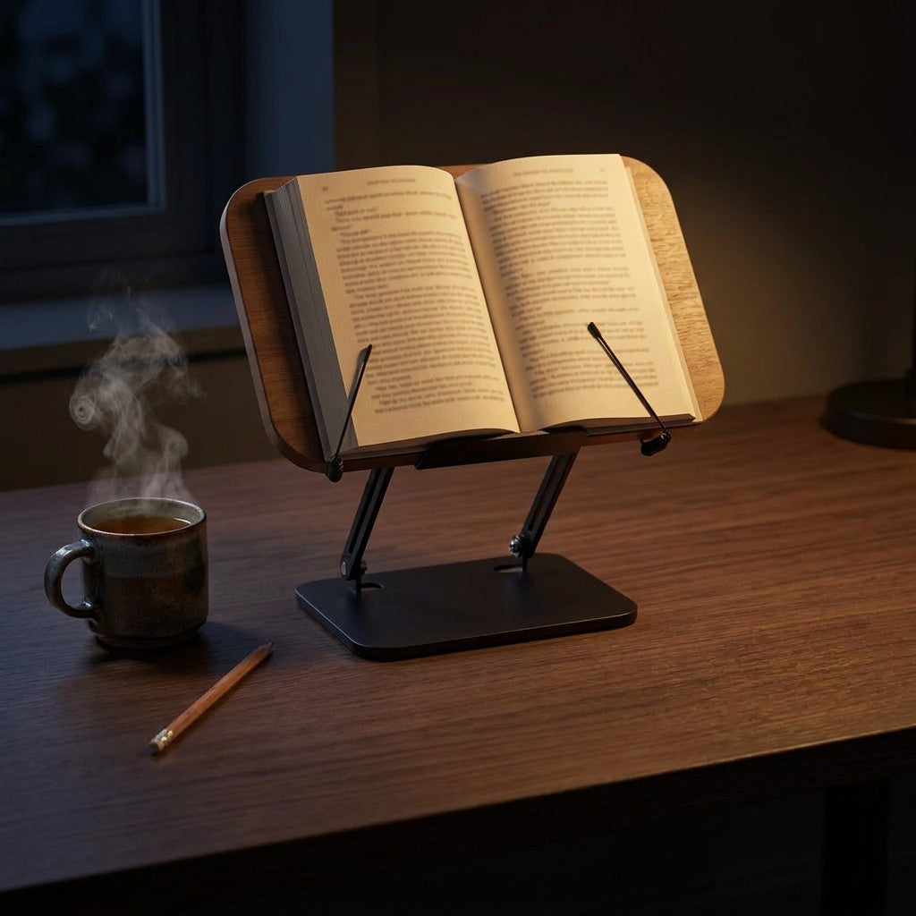 Folio con un libro abierto de noche y una taza de té