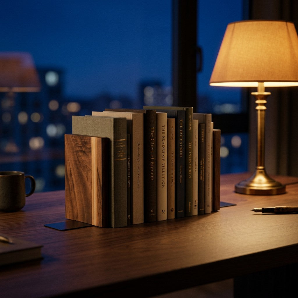 Lomo sujetando libros de noche junto a una lámpara
