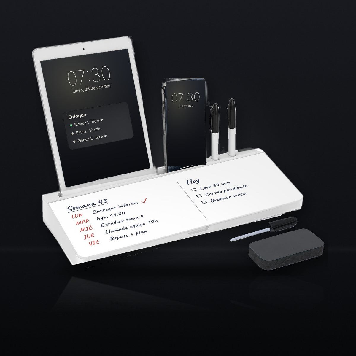 Plan, pizarra de cristal con soporte para tablet y móvil, en estudio